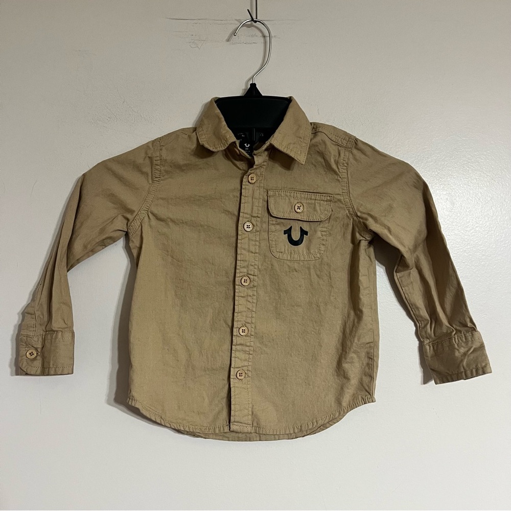 True Religion Brand Shirt Boys Size 3T Long Sleeve Tan Beige Button Down‎ Y2K